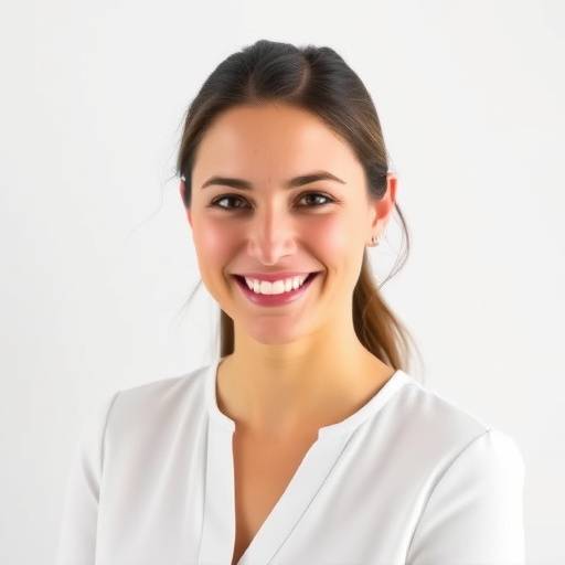 Foto de Isabela Santos, gerente de marketing da Design Essencial Móveis, sorrindo e vestindo uma blusa branca.