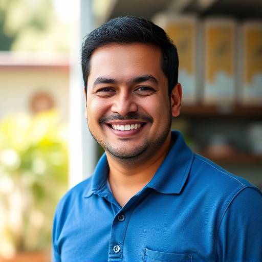 Foto de Marcelo Silva, supervisor de produäão da Design Essencial Móveis, sorrindo e vestindo uma camisa polo azul.
